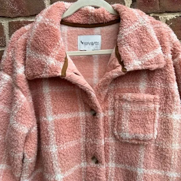 Koolaburra by UGG Women Plaid Brushed Sherpa Cozy shacket Pink Medium NEW - Picture 2 of 7